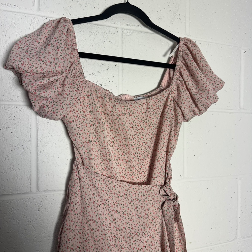 Princess Polly Pink Floral Puff Sleeve Faux Wrap Ruffle Mini Dress US 2